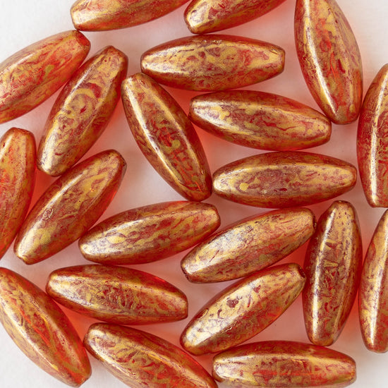 7x19mm Glass Oval Beads - Red with Gold Dust - 10 beads