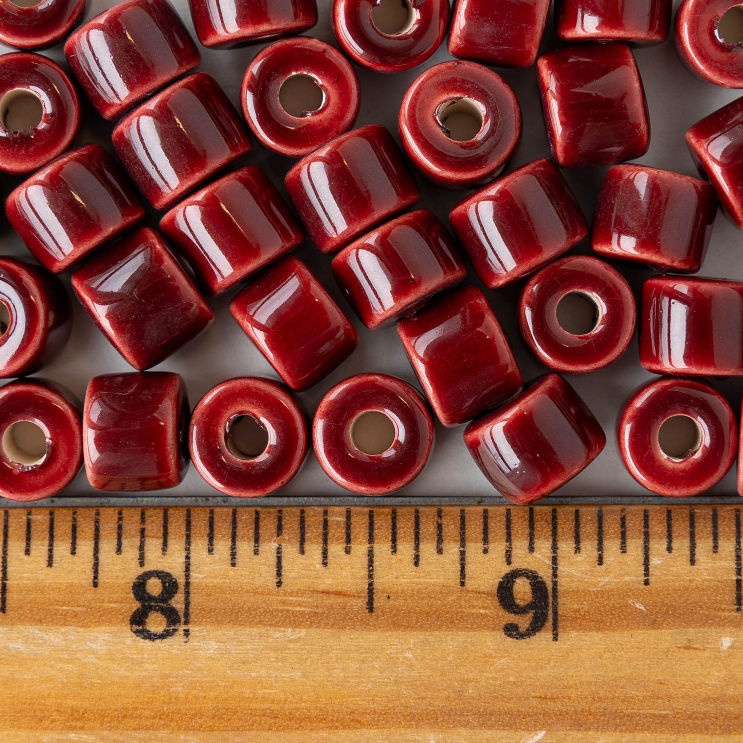 7x8mm Glazed Ceramic Tube Beads - Red - 10 or 30 beads