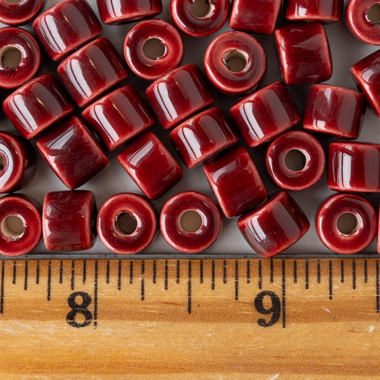 7x8mm Glazed Ceramic Tube Beads - Red - 10 or 30 beads