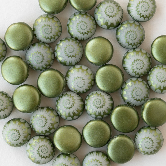 8mm 2-Hole Spiral Coin Beads - Opaque Green Matte - 10 beads