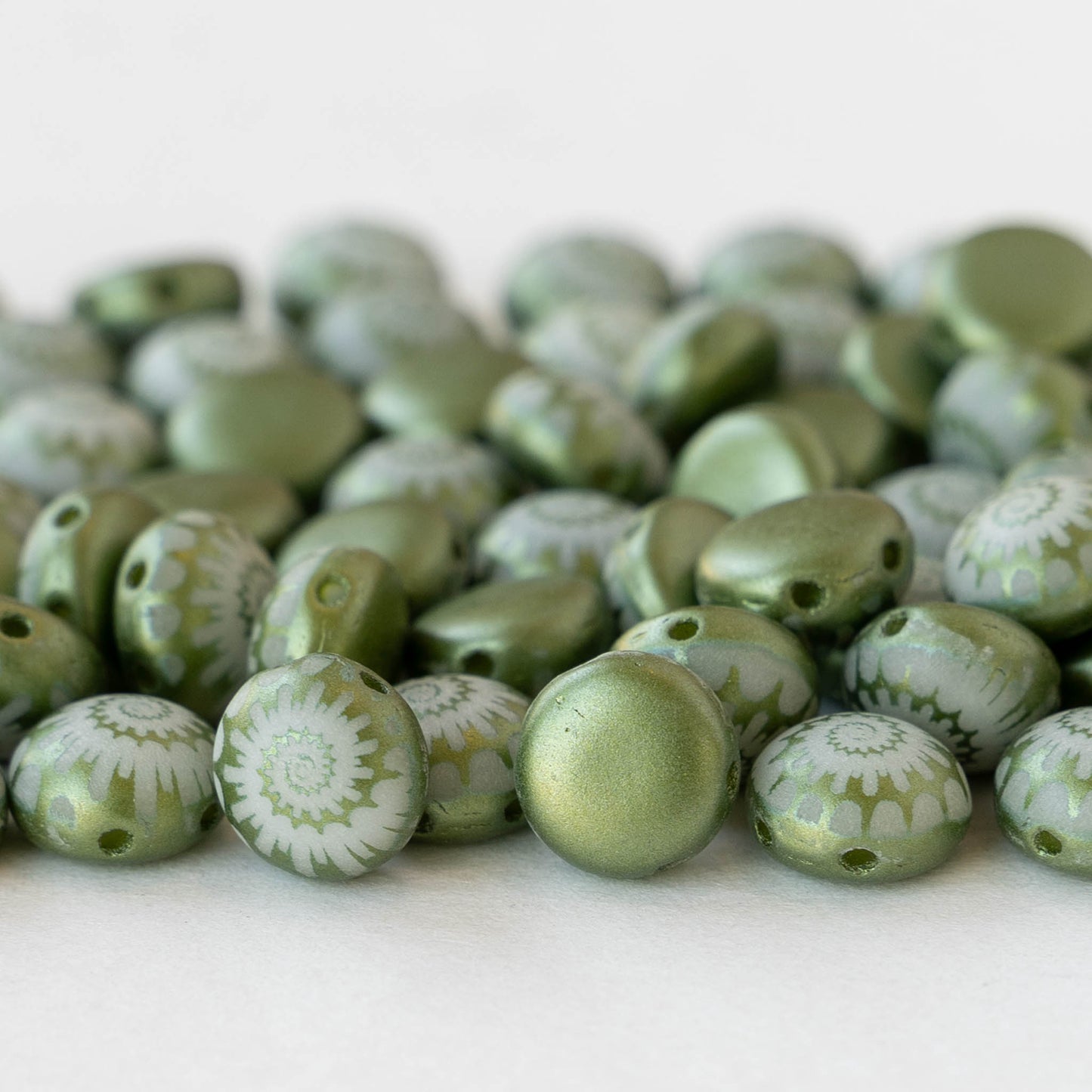 8mm 2-Hole Spiral Coin Beads - Opaque Green Matte - 10 beads