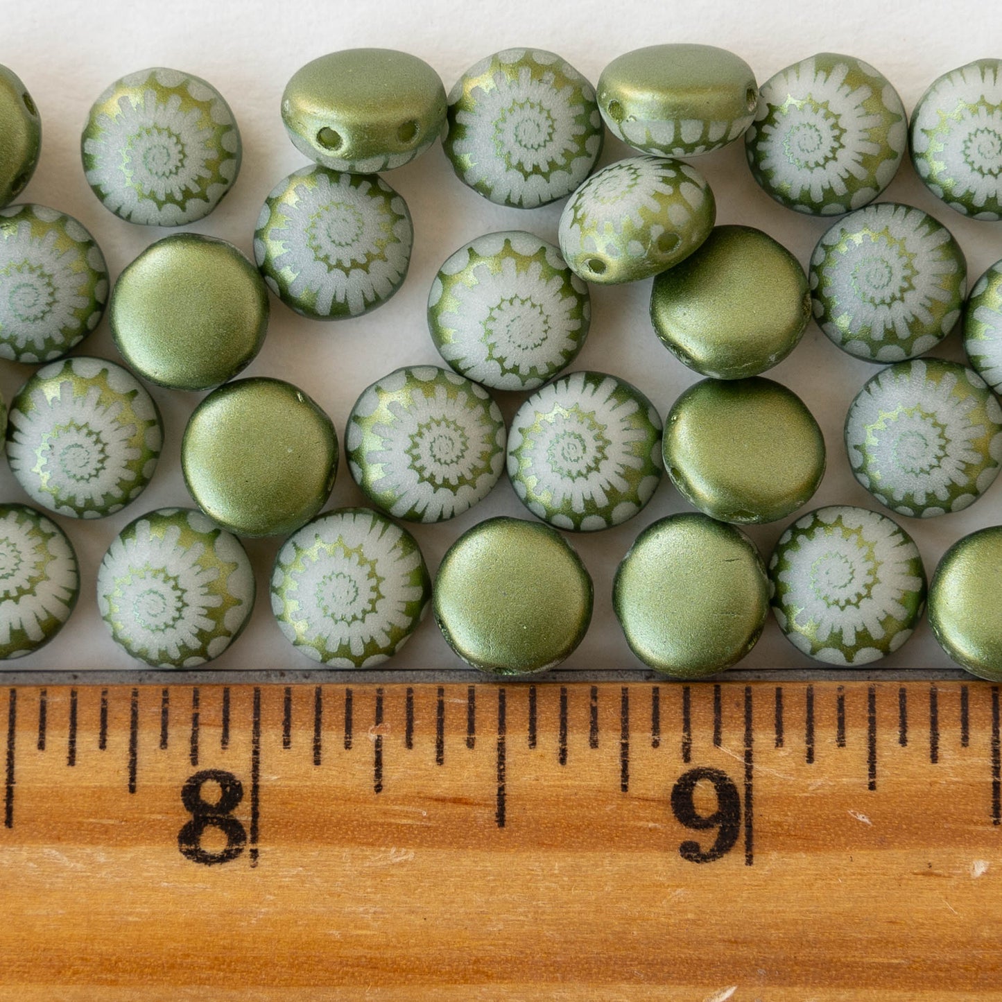 8mm 2-Hole Spiral Coin Beads - Opaque Green Matte - 10 beads