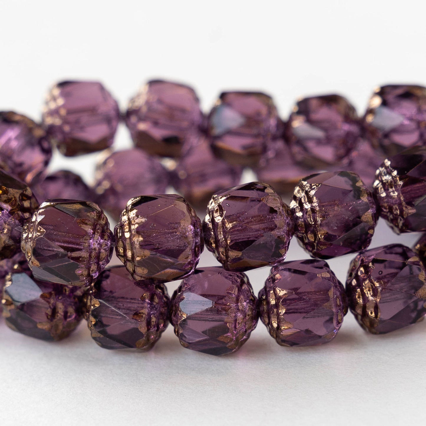 8mm Glass Cathedral Tube - Transparent Amethyst with Bronze - 6 or 18 Beads