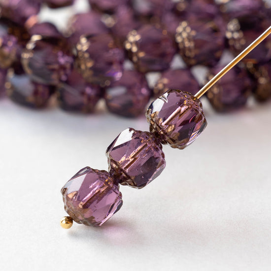 8mm Glass Cathedral Tube - Transparent Amethyst with Bronze - 6 or 18 Beads