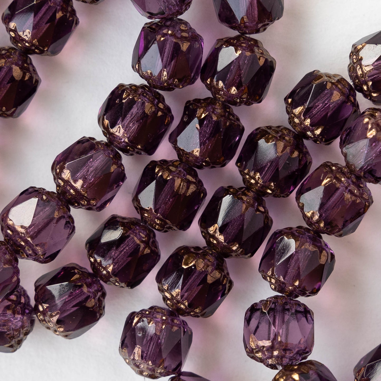 8mm Glass Cathedral Tube - Transparent Amethyst with Bronze - 6 or 18 Beads