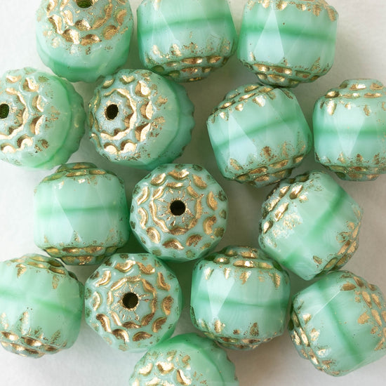 8mm Glass Cathedral Tube - Opaque Mint Green with Gold - 6 or 18 Beads