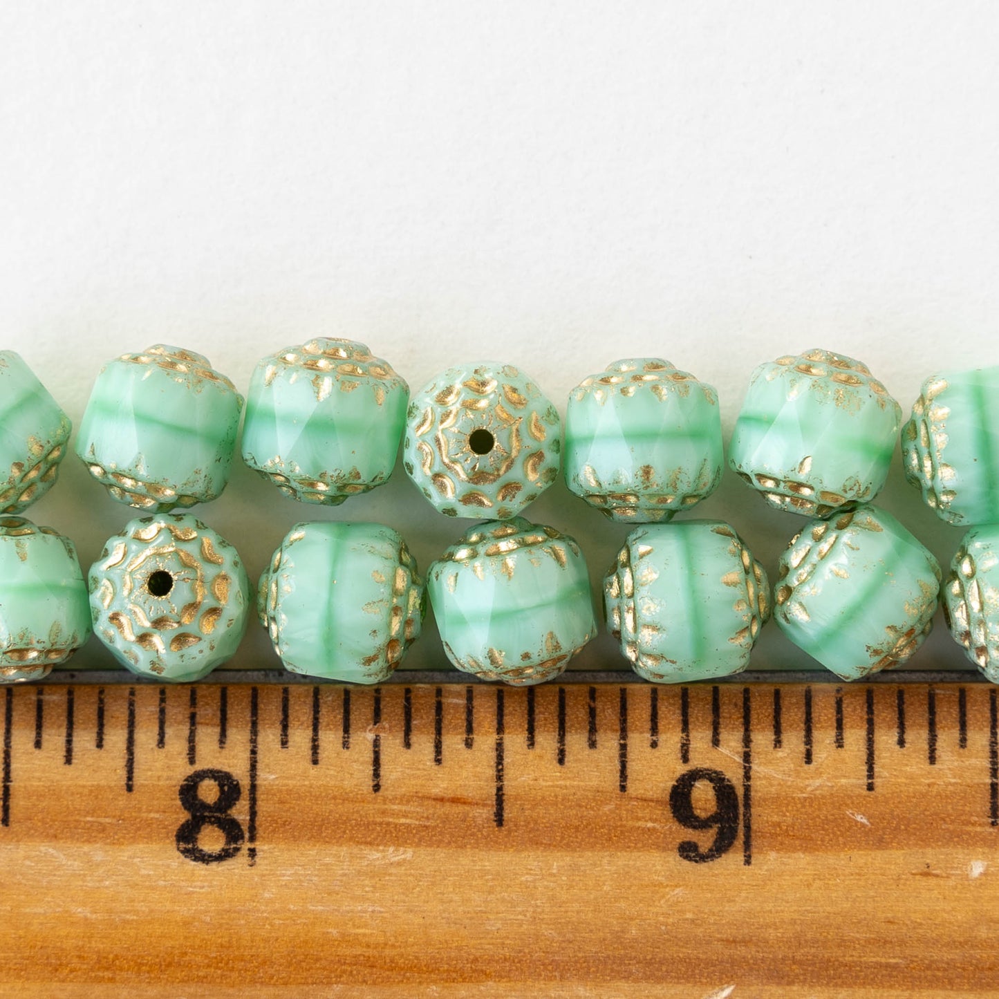 8mm Glass Cathedral Tube - Opaque Mint Green with Gold - 6 or 18 Beads