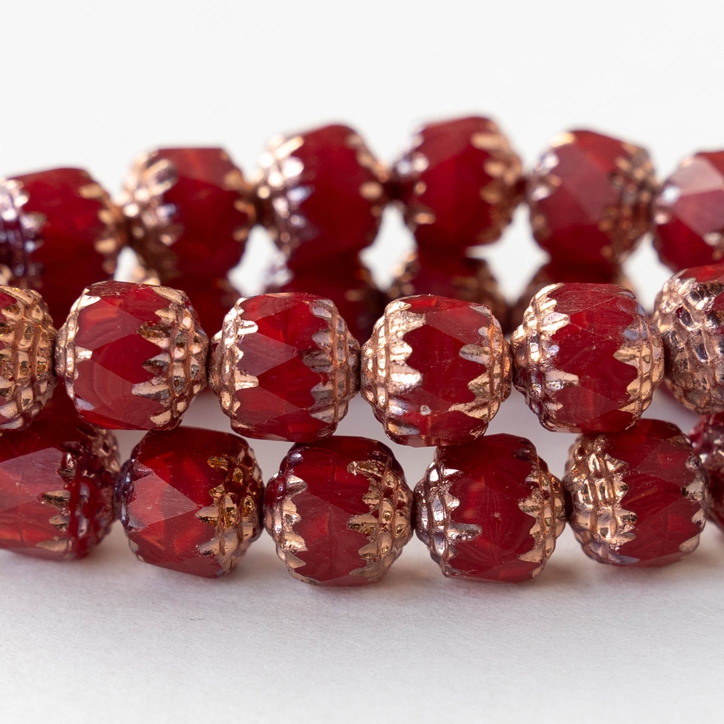 8mm Glass Cathedral Tube - Opaque Red with Copper - 6 or 18 Beads