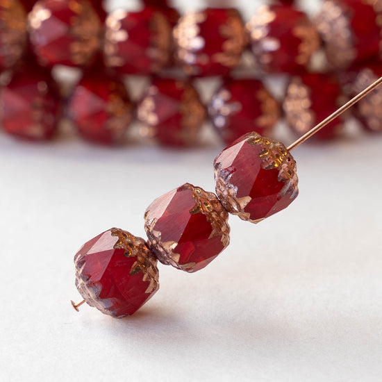 8mm Glass Cathedral Tube - Opaque Red with Copper - 6 or 18 Beads