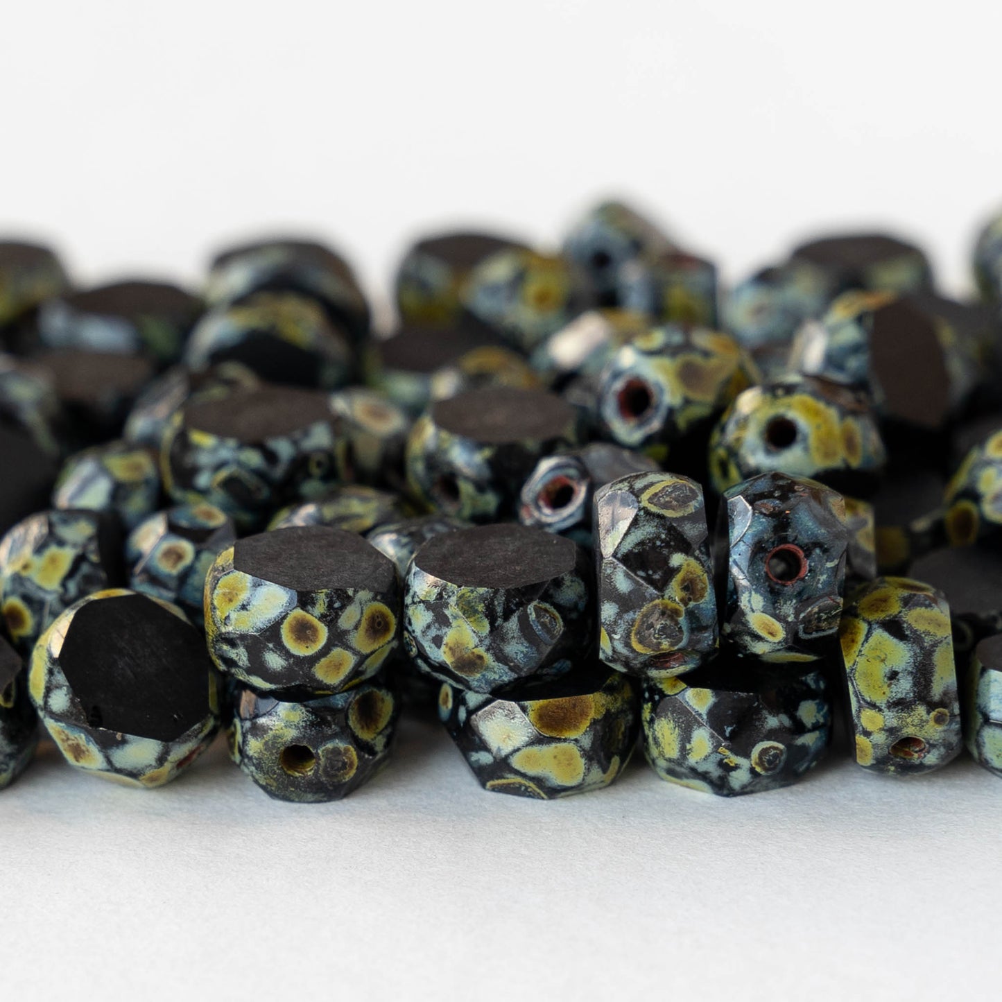 8mm Faceted Glass Coin - Opaque Black Picasso - 20 beads