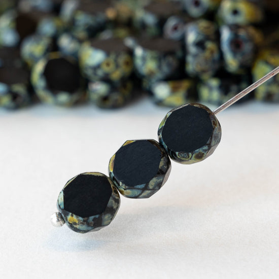 8mm Faceted Glass Coin - Opaque Black Picasso - 20 beads