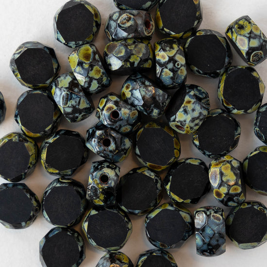 8mm Faceted Glass Coin - Opaque Black Picasso - 20 beads