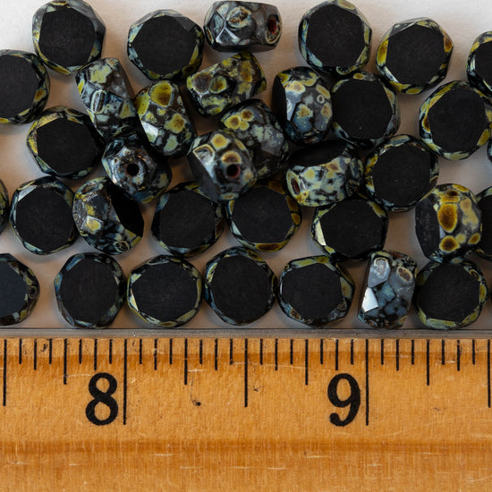 8mm Faceted Glass Coin - Opaque Black Picasso - 20 beads