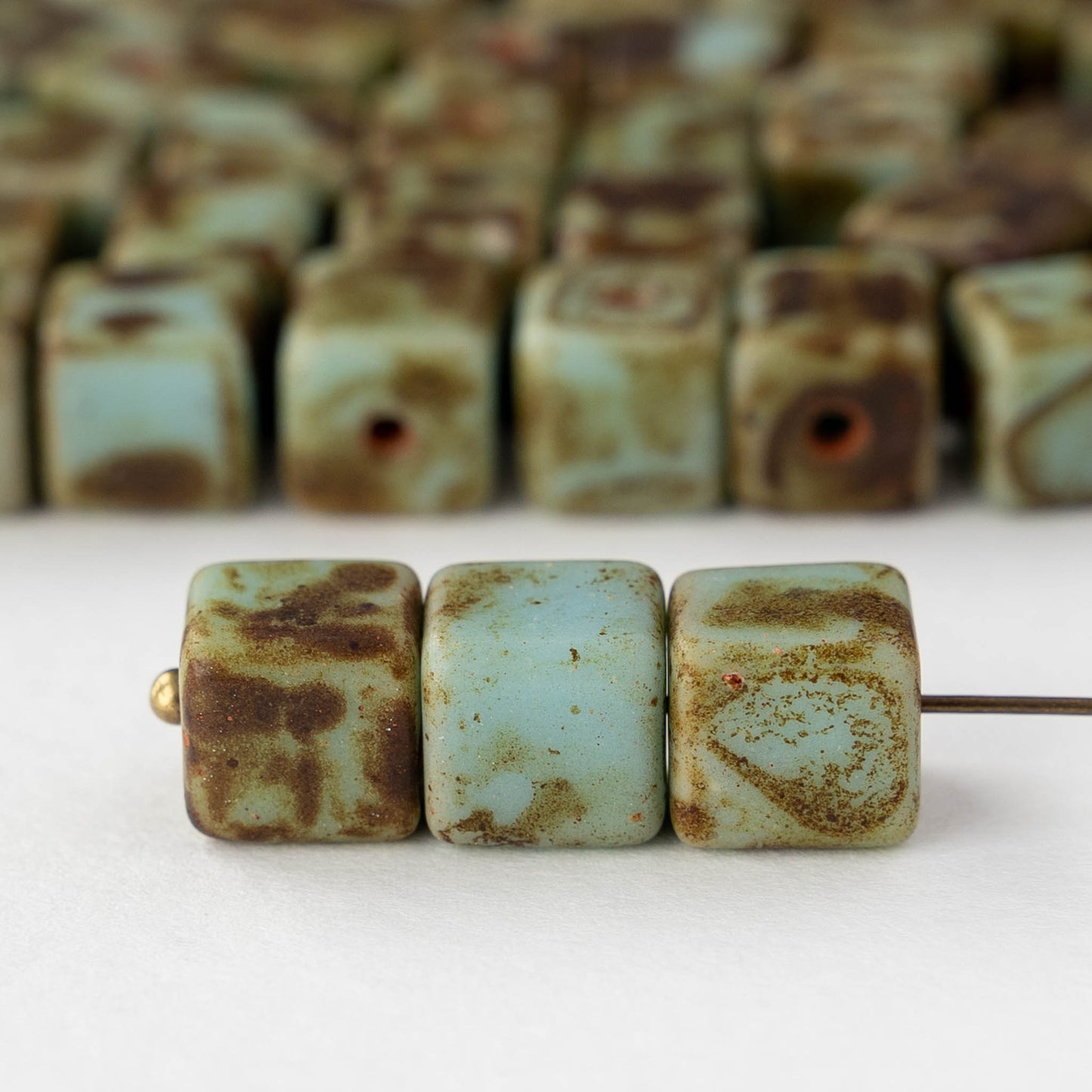 8mm Vintage Cube Beads - Turquoise Picasso Matte - 20 Beads