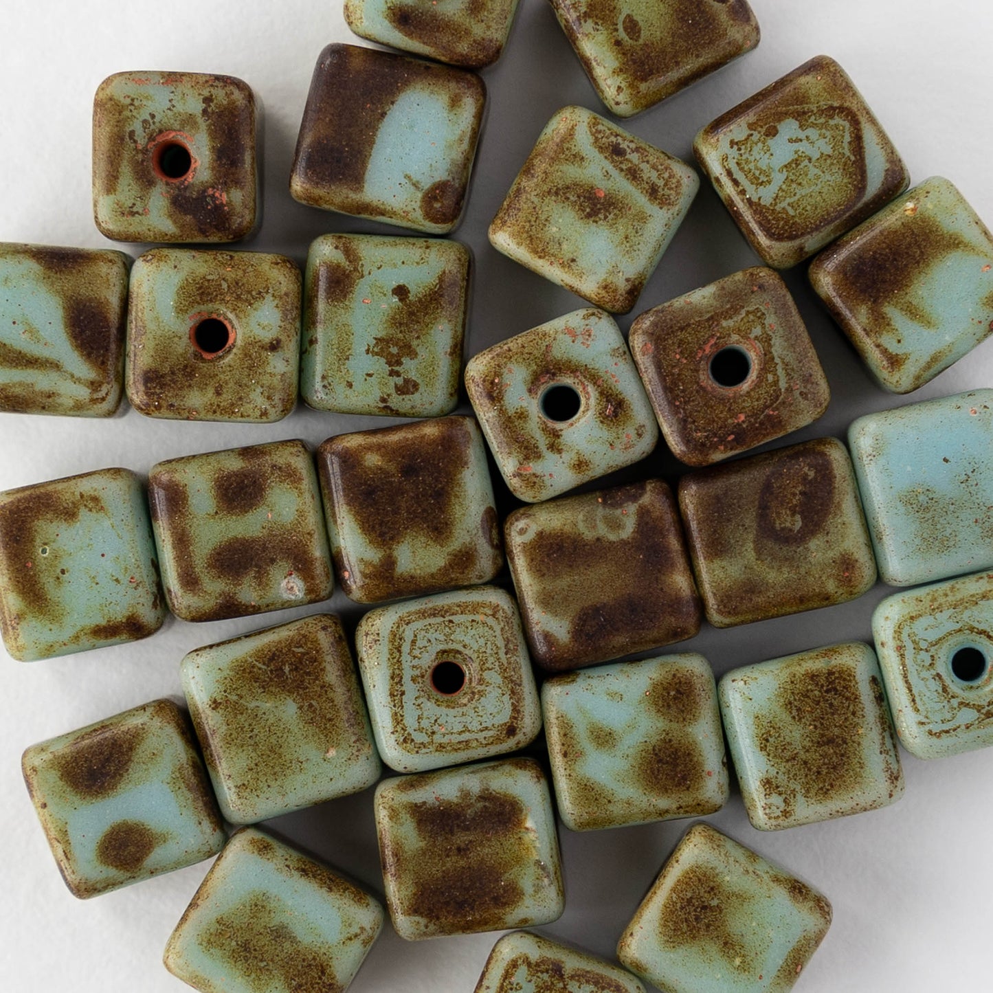 8mm Vintage Cube Beads - Turquoise Picasso Matte - 20 Beads