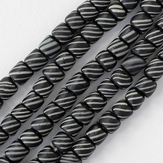 8mm Java Tube Beads - Black with White Stripes - Whole or Half Strand