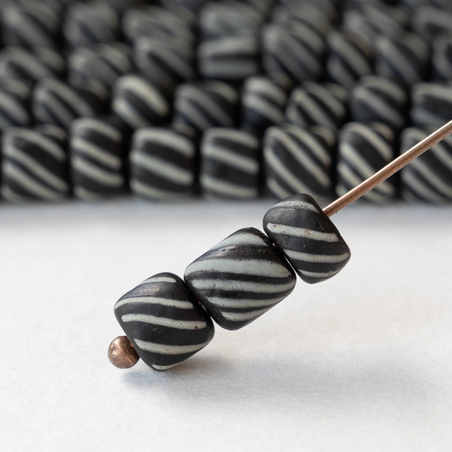 8mm Java Tube Beads - Black with White Stripes - Whole or Half Strand