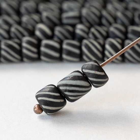 8mm Java Tube Beads - Black with White Stripes - Whole or Half Strand