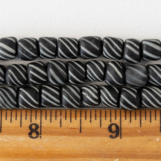 8mm Java Tube Beads - Black with White Stripes - Whole or Half Strand