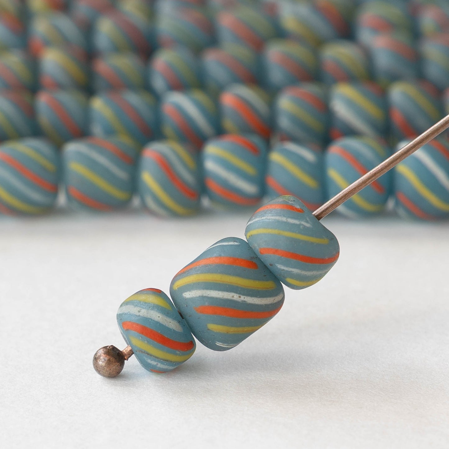 8mm Java Tube Beads - Blue with Stripes - Whole or Half Strand
