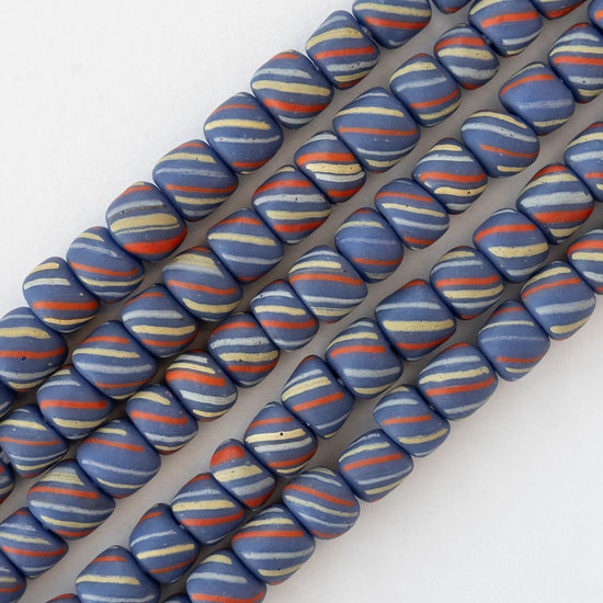 8mm Java Tube Beads - Dark Blue with Stripes - Whole or Half Strand