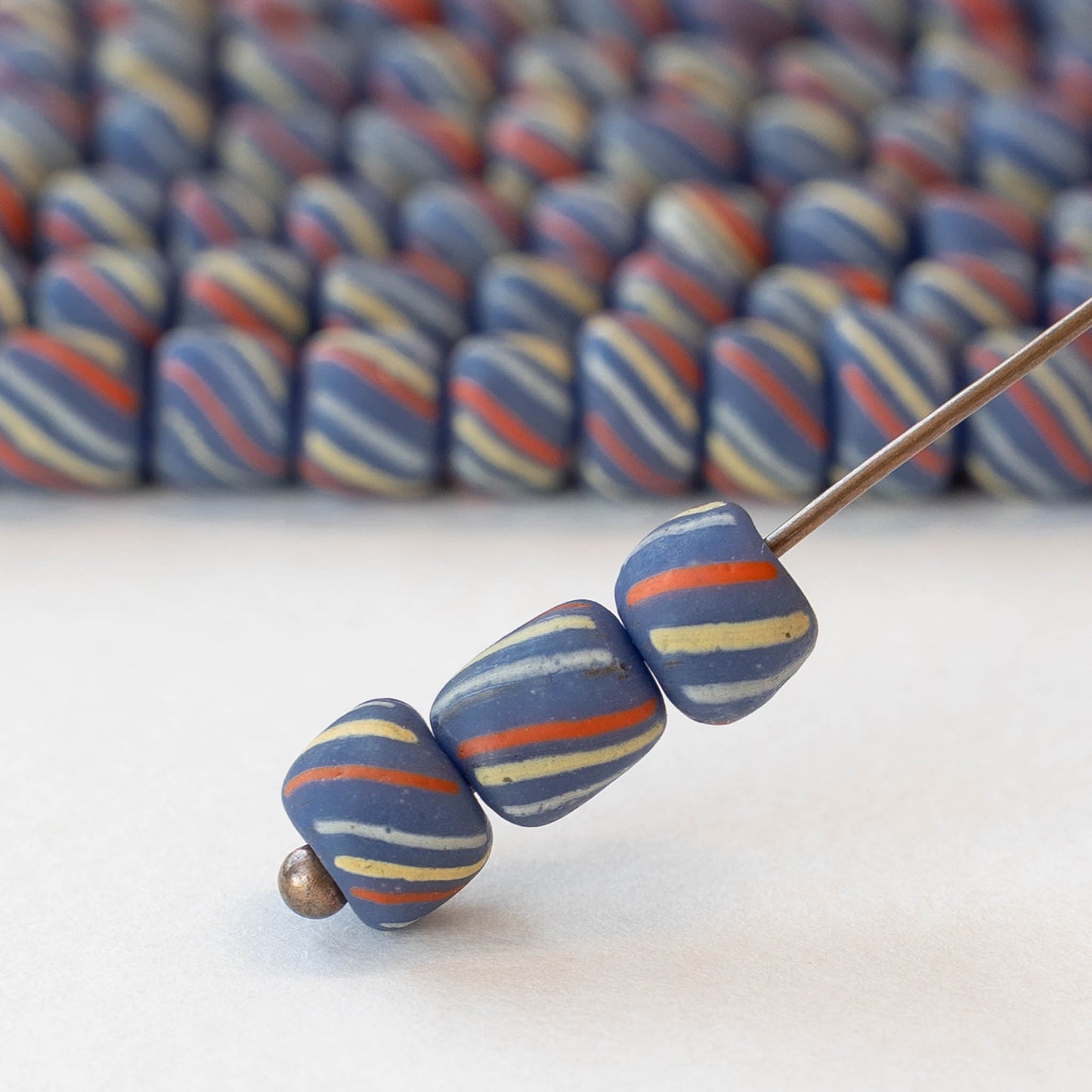 8mm Java Tube Beads - Dark Blue with Stripes - Whole or Half Strand