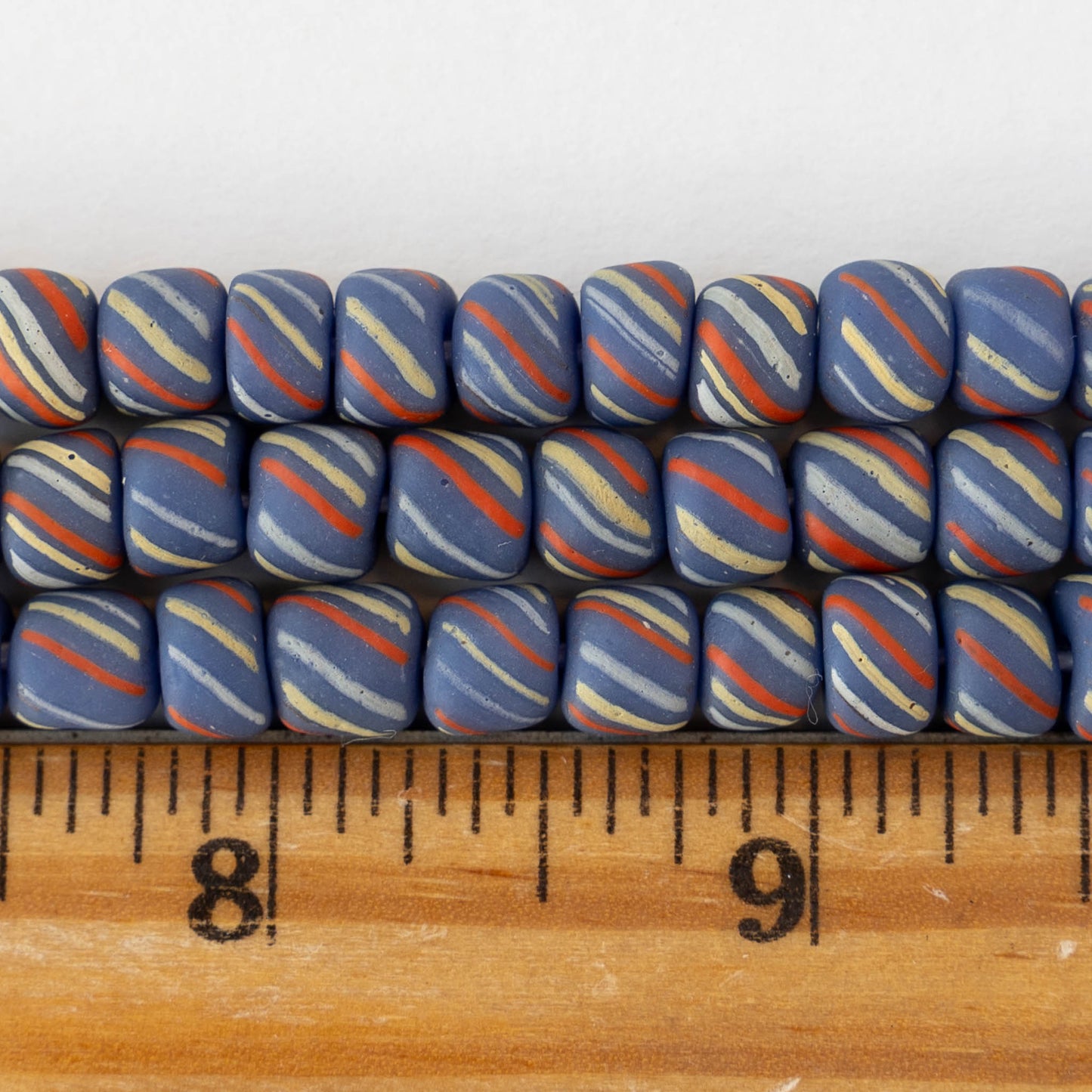 8mm Java Tube Beads - Dark Blue with Stripes - Whole or Half Strand