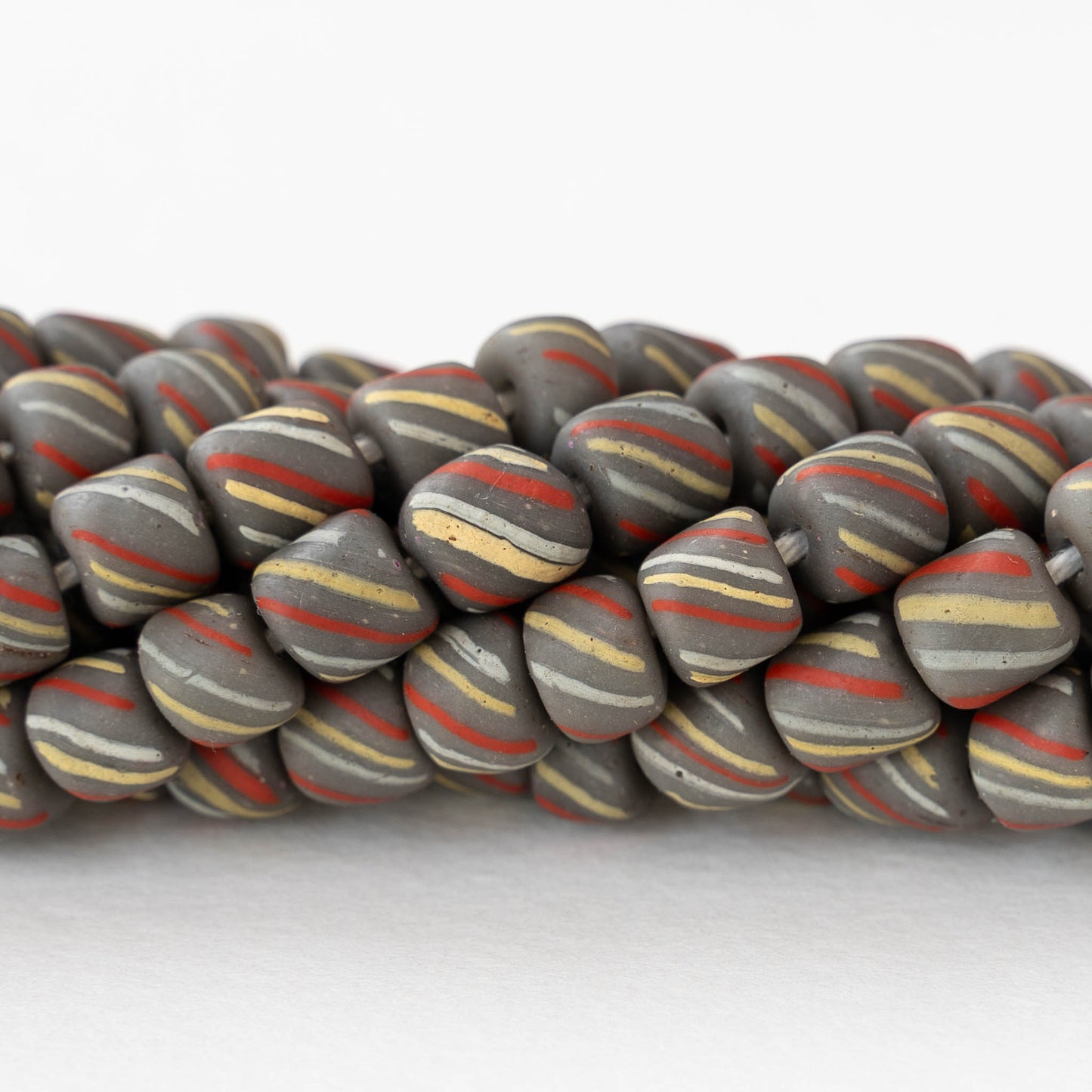 8mm Java Tube Beads - Gray with Stripes - Whole or Half Strand