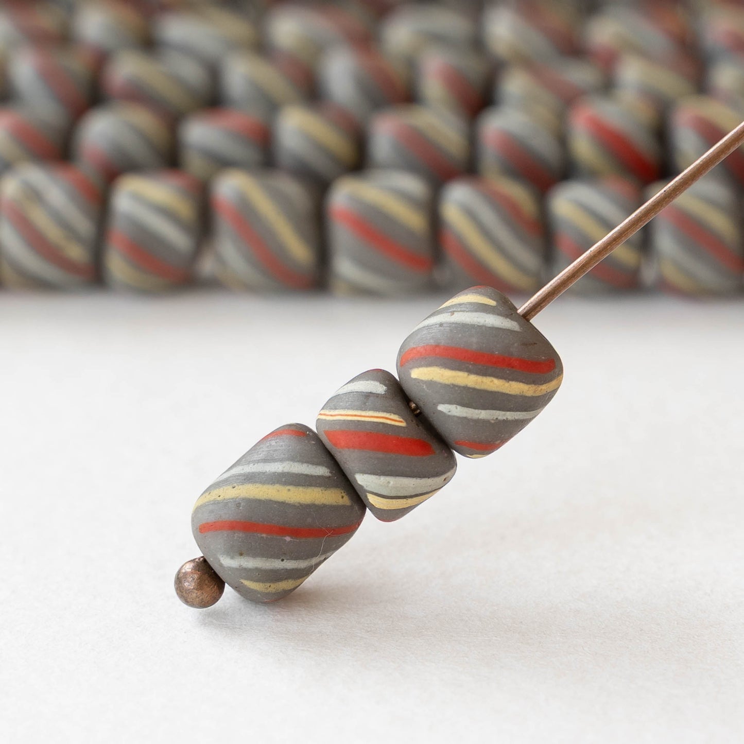 8mm Java Tube Beads - Gray with Stripes - Whole or Half Strand