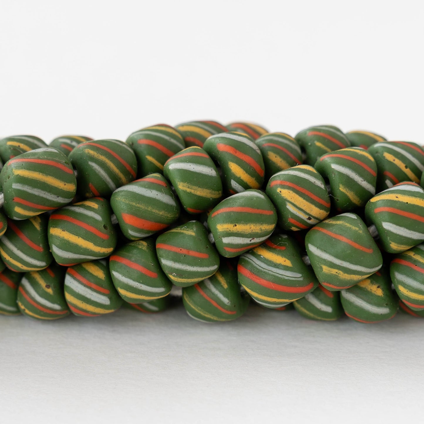 8mm Java Tube Beads - Green with Stripes - Whole or Half Strand
