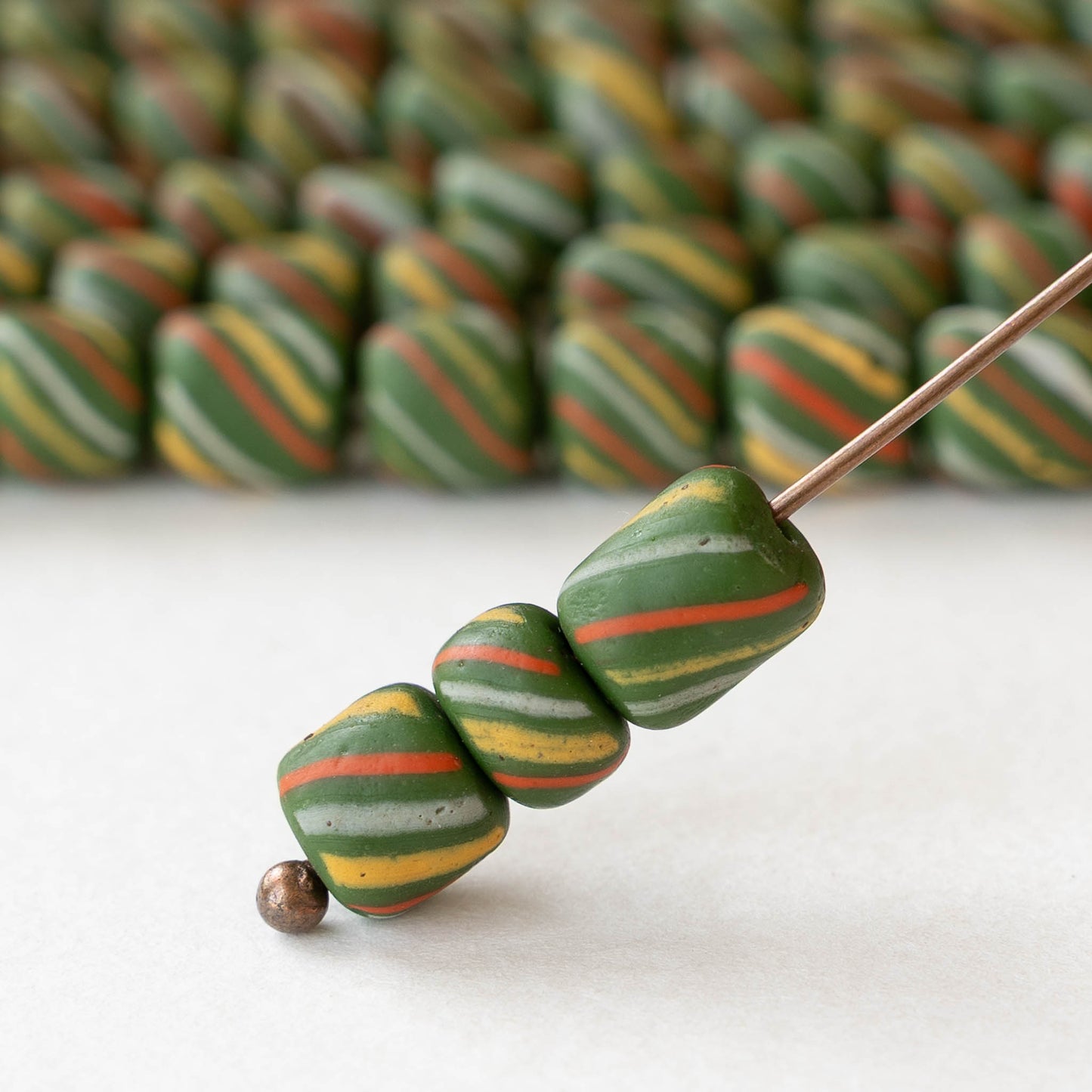 8mm Java Tube Beads - Green with Stripes - Whole or Half Strand