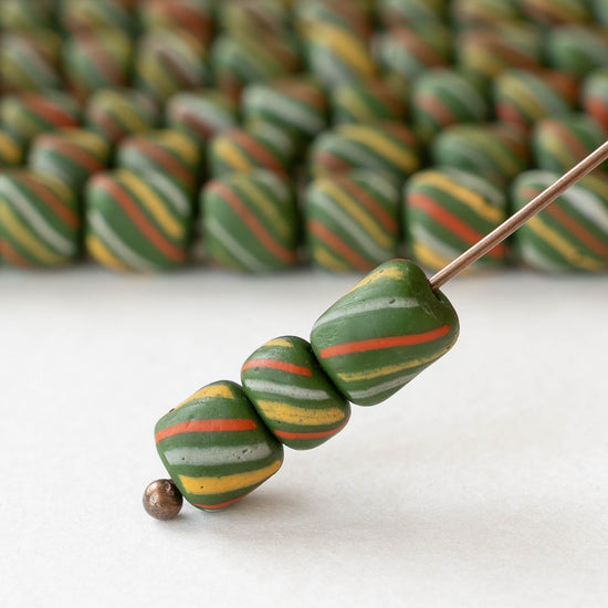 8mm Java Tube Beads - Green with Stripes - Whole or Half Strand