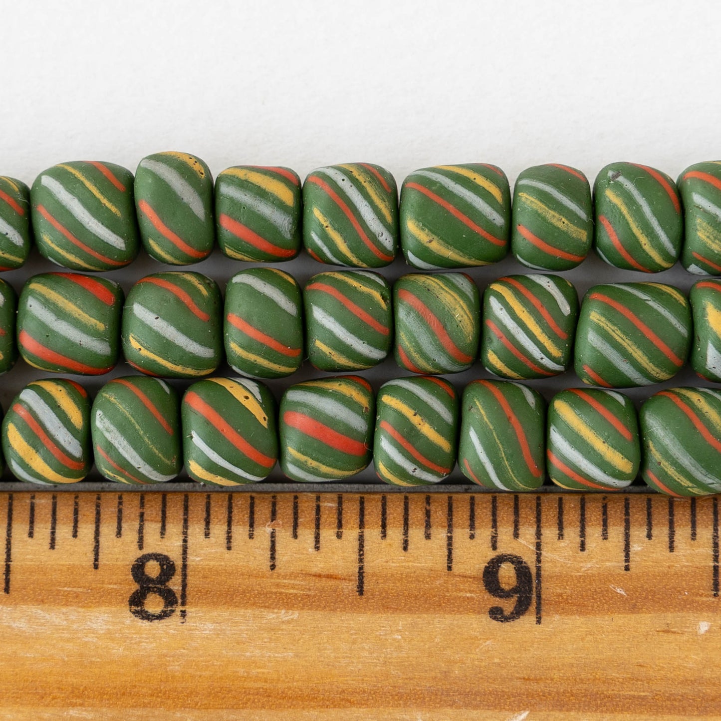 8mm Java Tube Beads - Green with Stripes - Whole or Half Strand