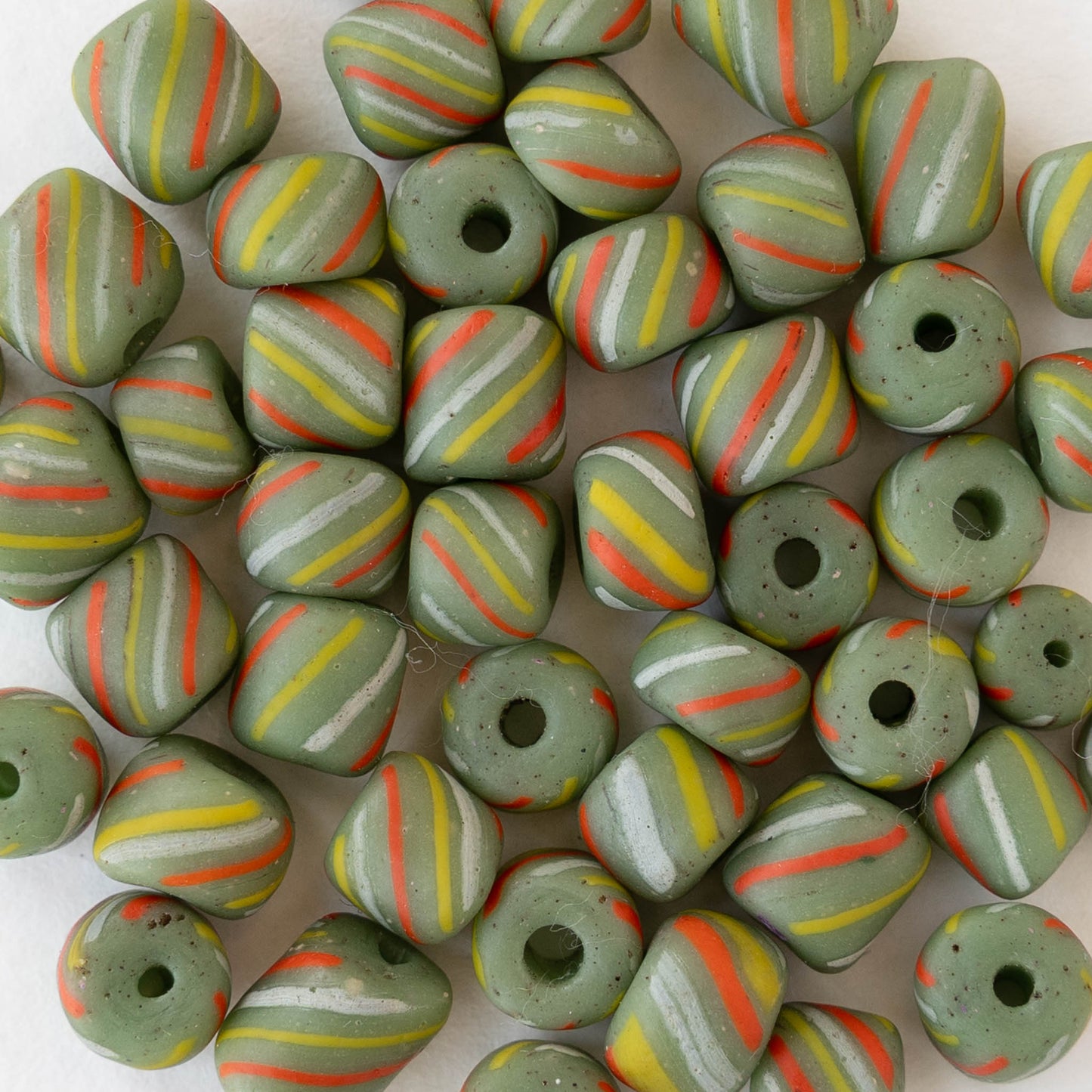 8mm Java Tube Beads - Green with Stripes - Whole or Half Strand