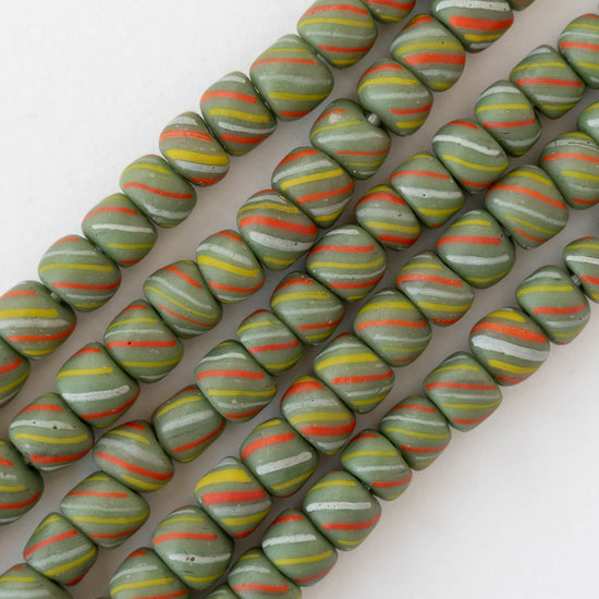 8mm Java Tube Beads - Green with Stripes - Whole or Half Strand