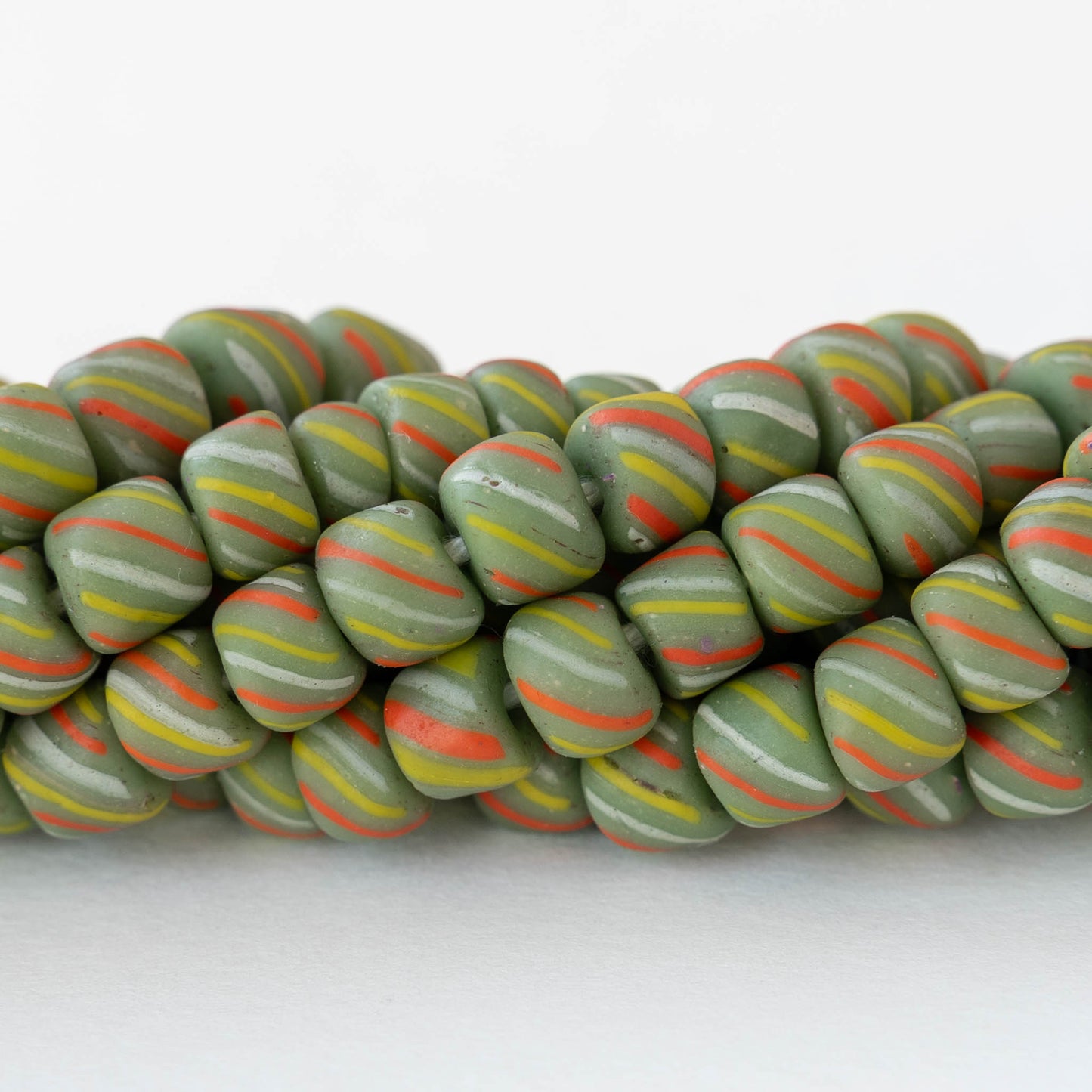 8mm Java Tube Beads - Green with Stripes - Whole or Half Strand