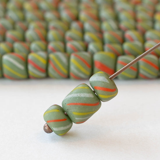 8mm Java Tube Beads - Green with Stripes - Whole or Half Strand