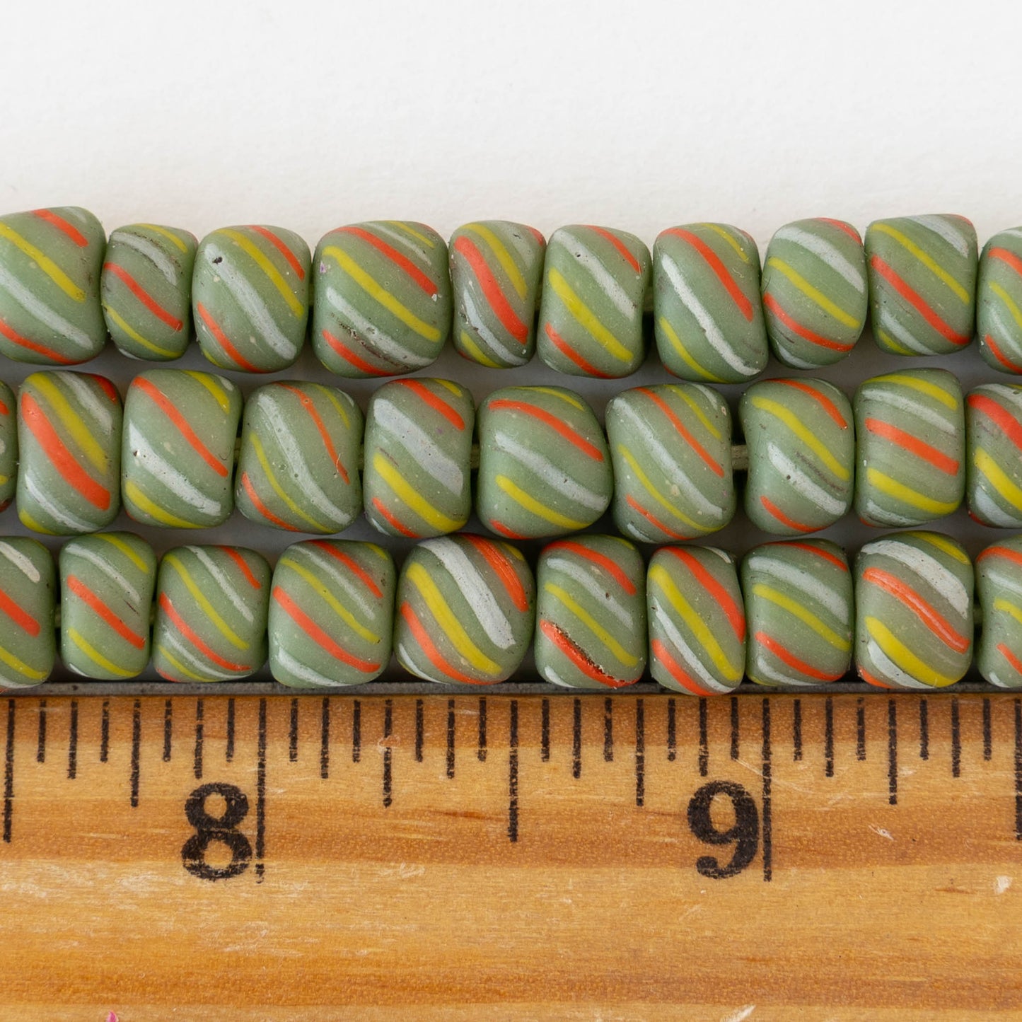 8mm Java Tube Beads - Green with Stripes - Whole or Half Strand