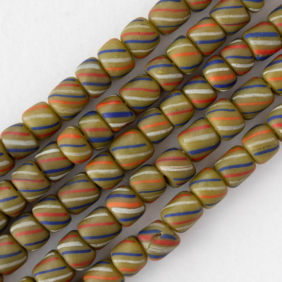 8mm Java Tube Beads - Olive with Stripes - Whole or Half Strand