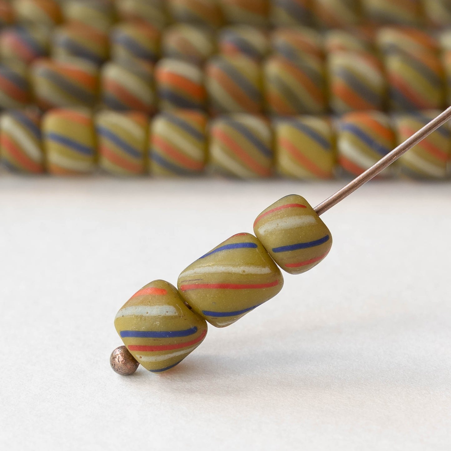 8mm Java Tube Beads - Olive with Stripes - Whole or Half Strand