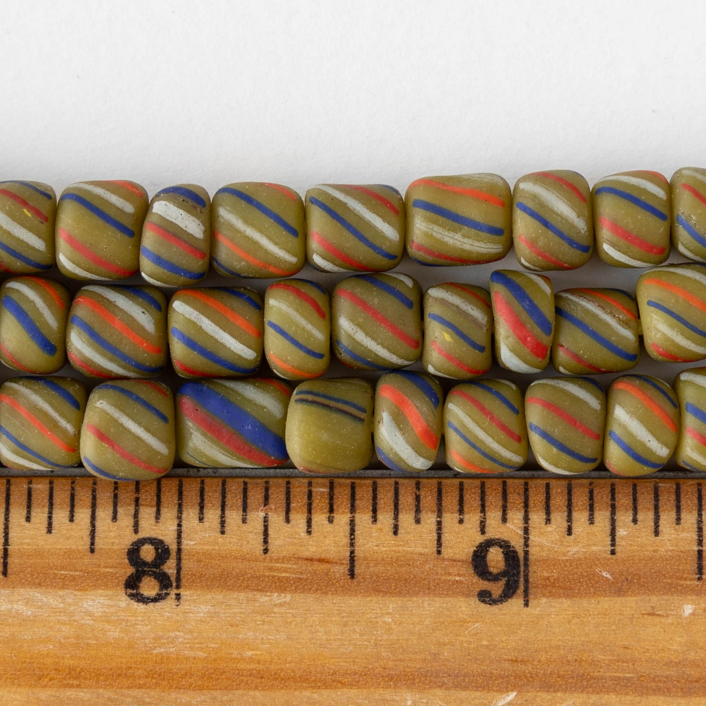 8mm Java Tube Beads - Olive with Stripes - Whole or Half Strand