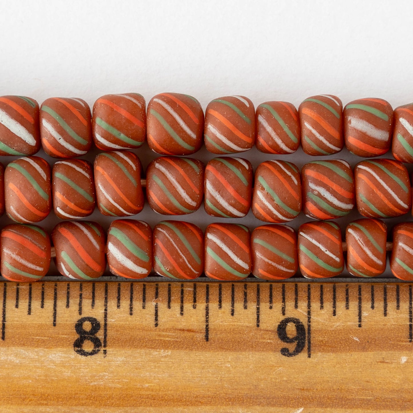 8mm Java Tube Beads - Orange with Stripes - Whole or Half Strand