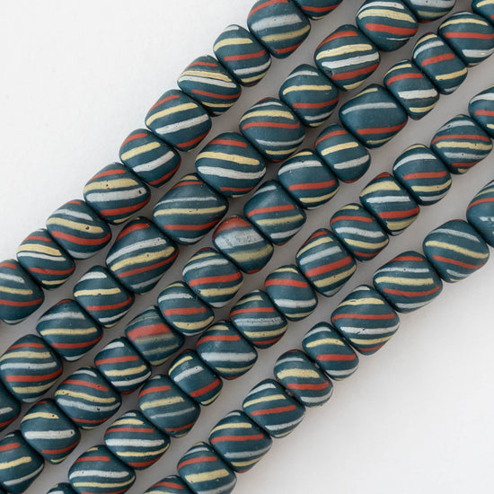 8mm Java Tube Beads - Teal with Stripes - Whole or Half Strand