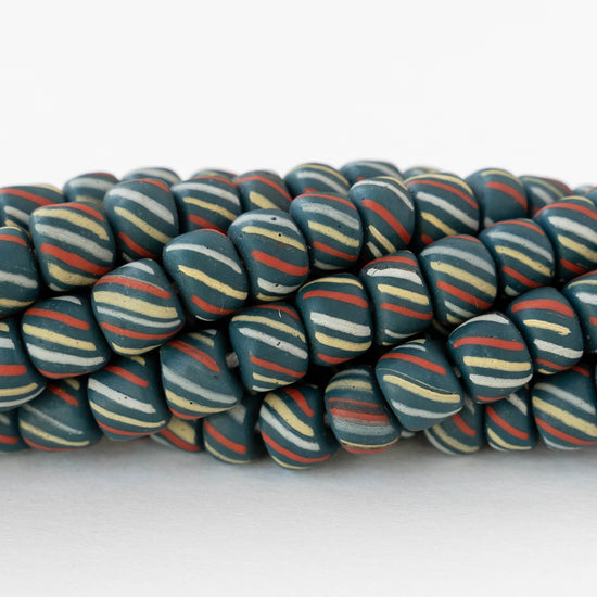 8mm Java Tube Beads - Teal with Stripes - Whole or Half Strand