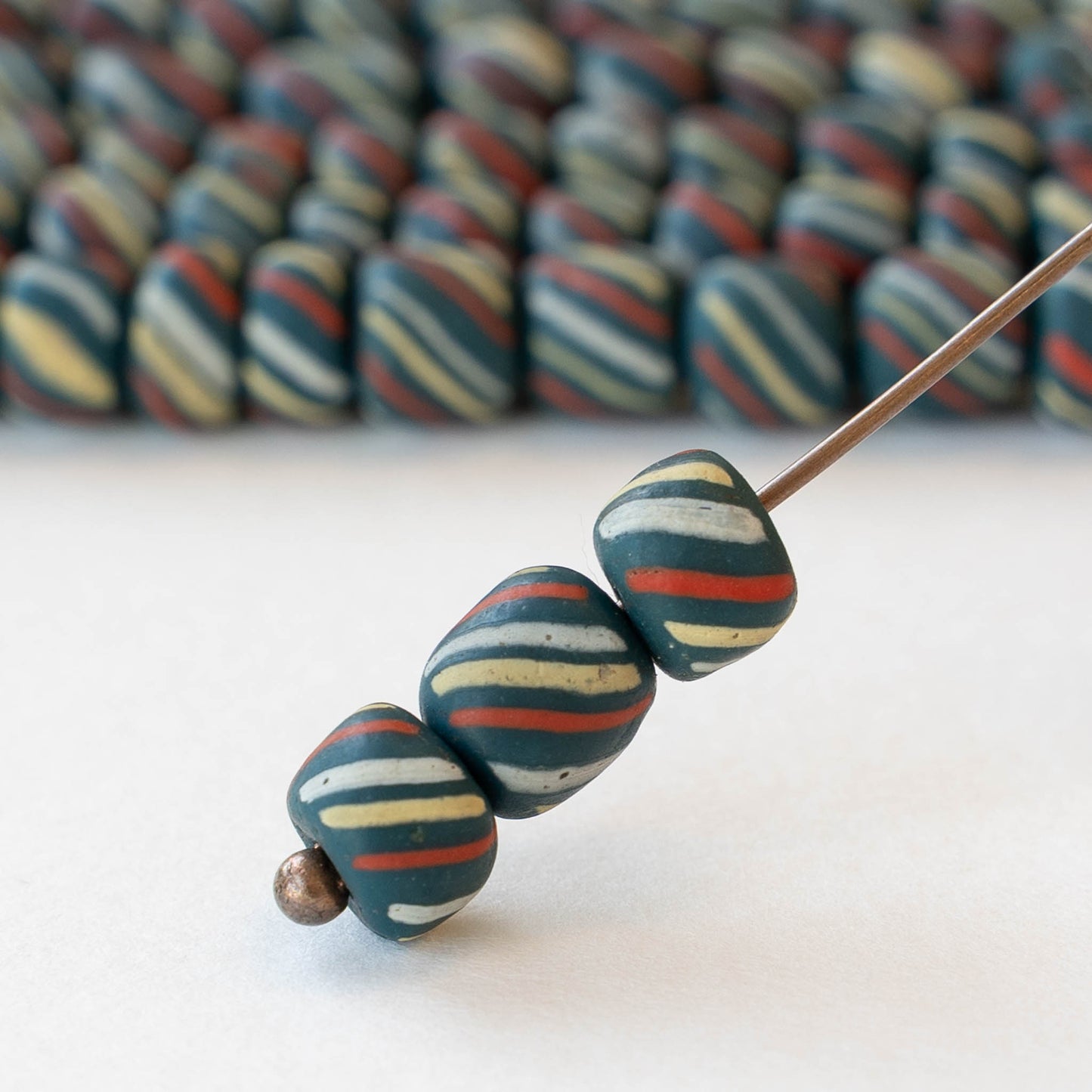 8mm Java Tube Beads - Teal with Stripes - Whole or Half Strand