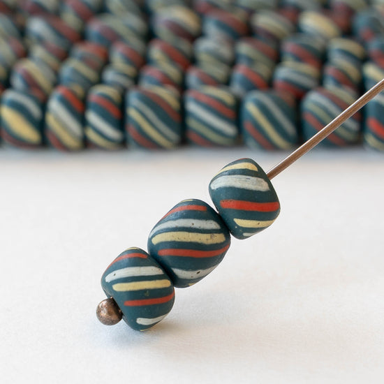 8mm Java Tube Beads - Teal with Stripes - Whole or Half Strand