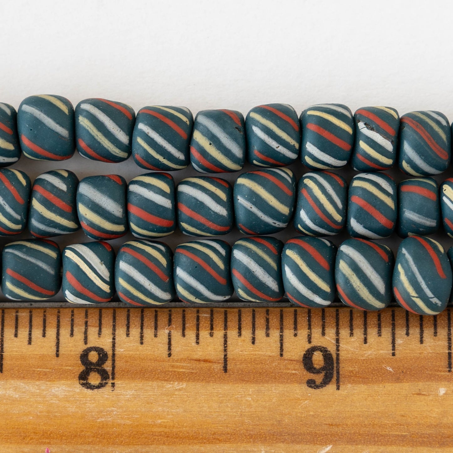 8mm Java Tube Beads - Teal with Stripes - Whole or Half Strand