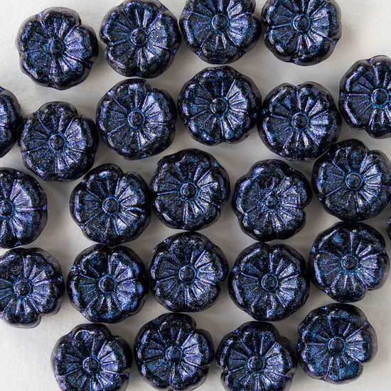 8mm Flower Beads - Opaque Black with Blue Wash  - 20 beads