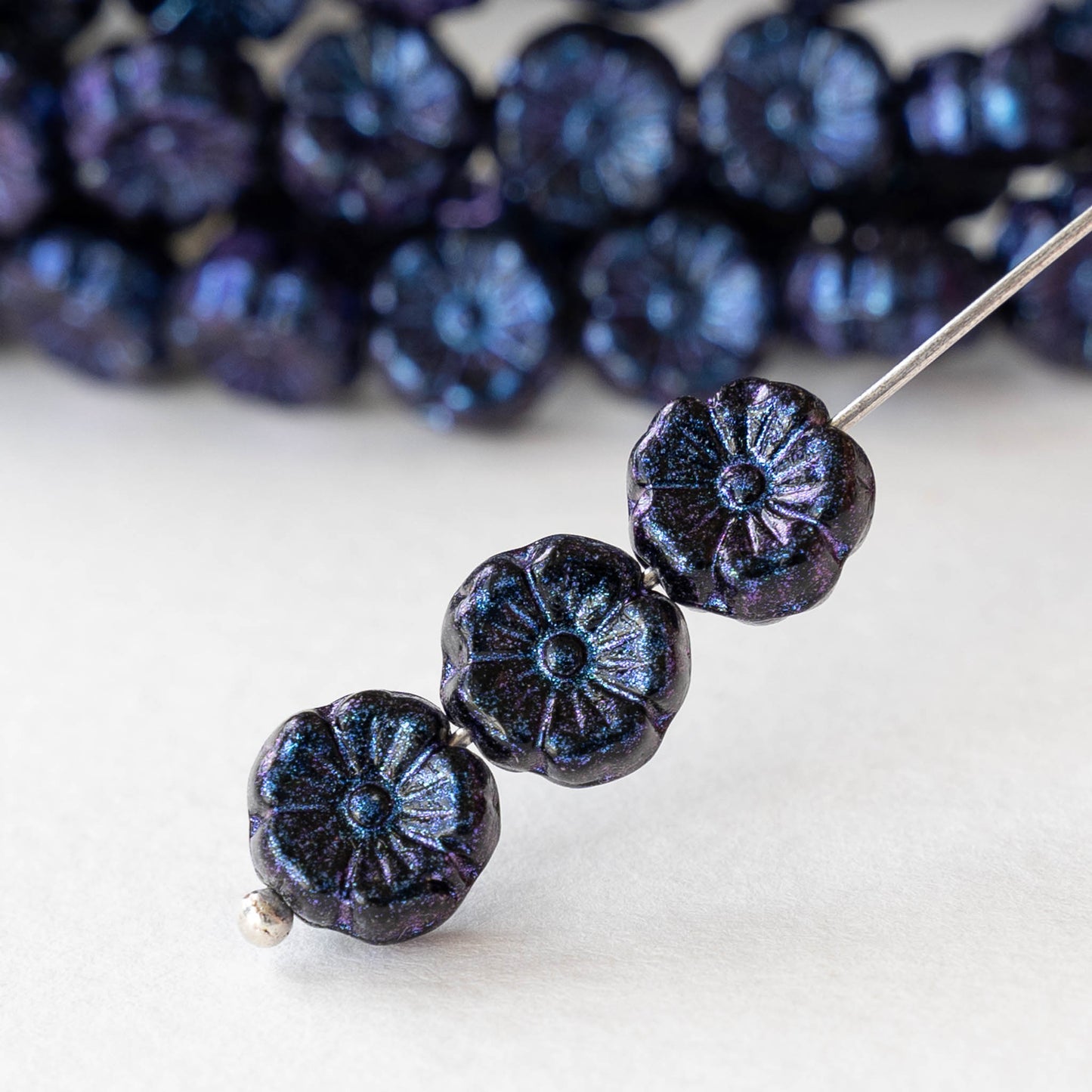 8mm Flower Beads - Opaque Black with Blue Wash  - 20 beads