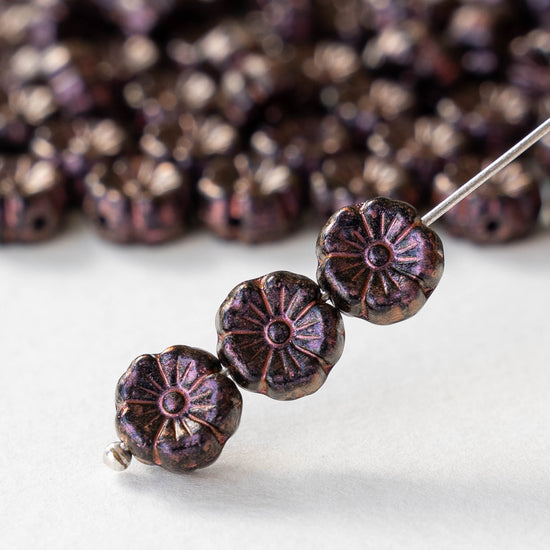 8mm Flower Beads - Opaque Black with Purple Wash  - 20 beads